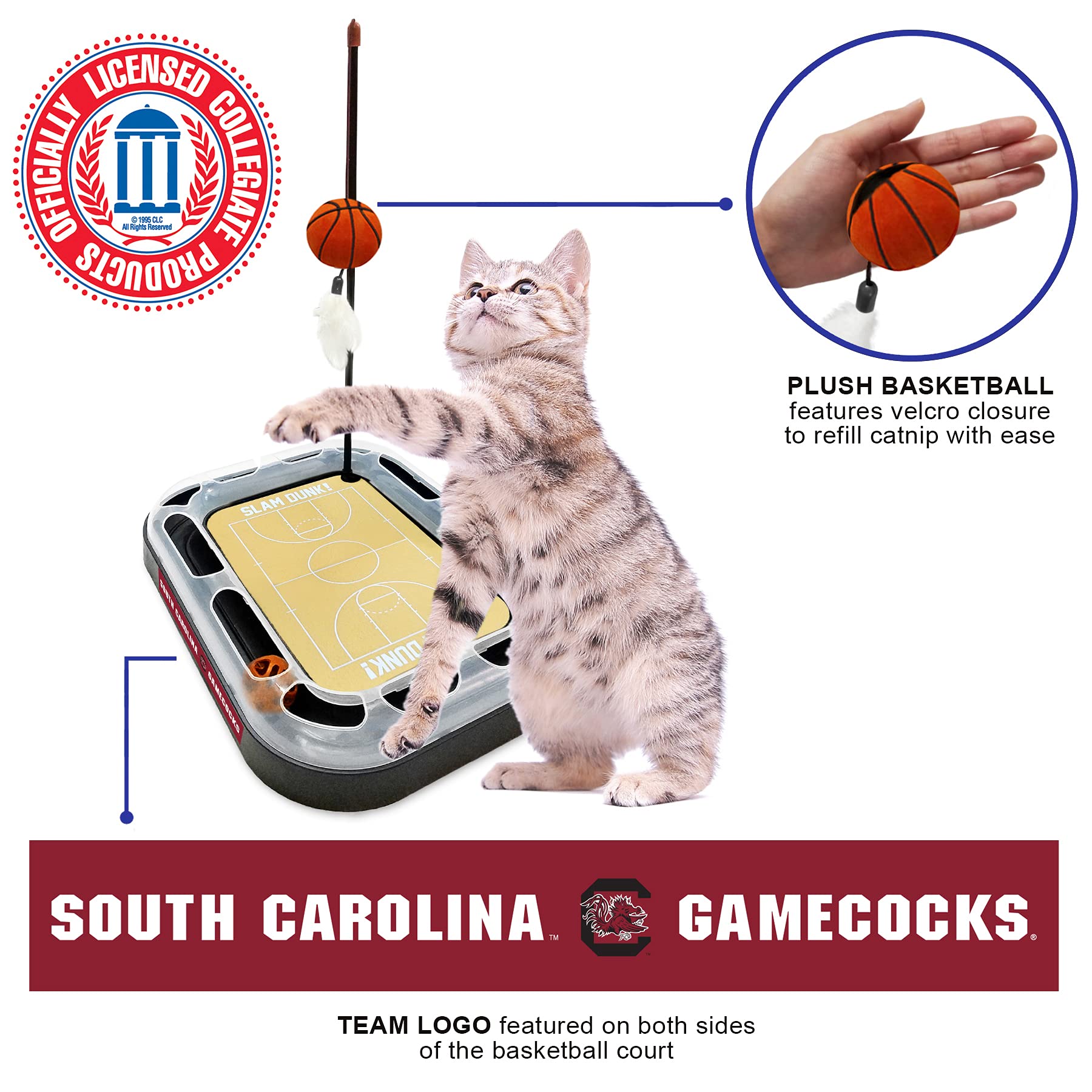 Ncaa South Carolina Gamecocks 6-In-1 Reversible Basketball Court Felt & Cardboard Cat Scratcher Toy With Catnip-Filled Plush Bas
